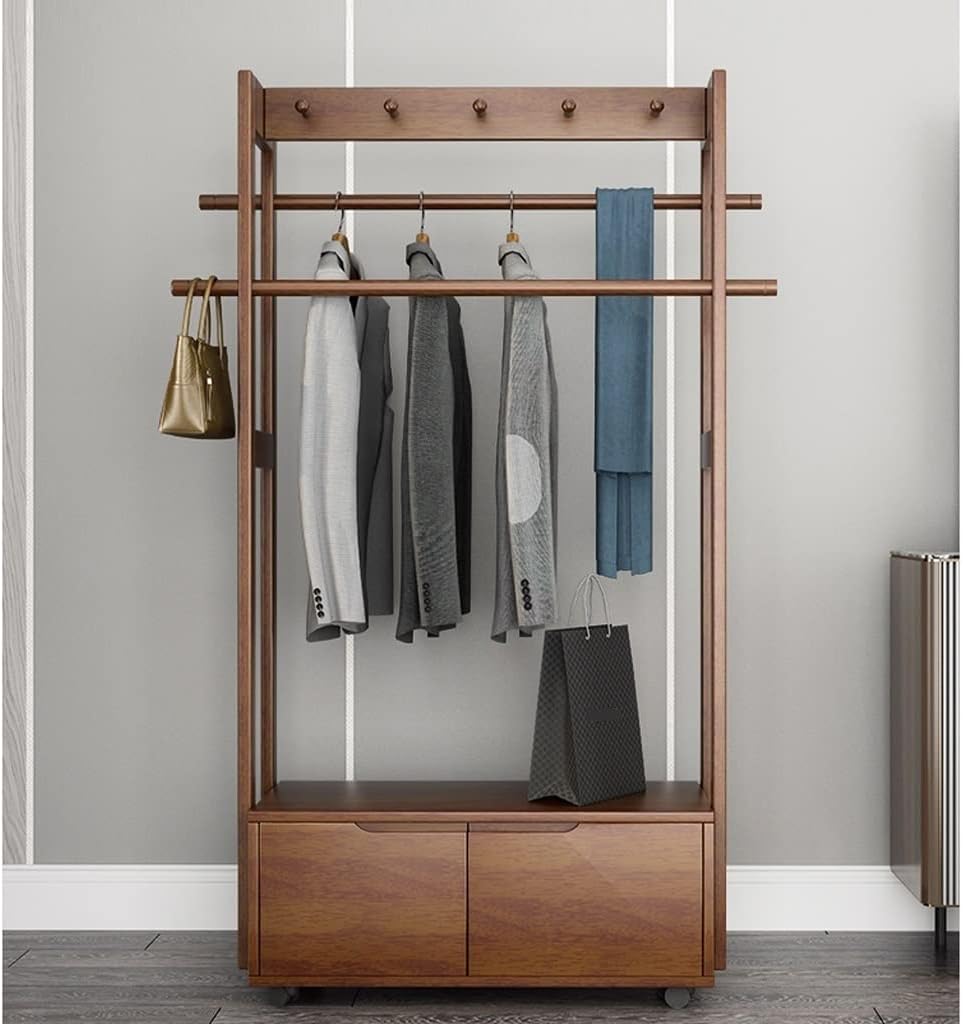 Stand Coat Rack Nordic Creative Clothes Hanger Floor Bedroom Nordic with Wheels Coat Rack Living Room Double Drawer Rack Coat Rack Clothes Rolling Rack (Size : 107 * 40 * 174cm)