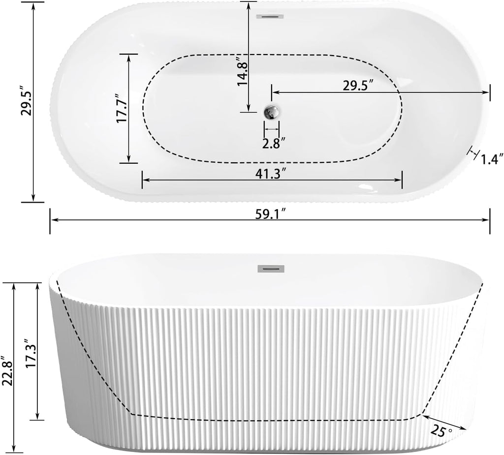 59' Acrylic Freestanding Bathtub-Acrylic Soaking Tubs, Fluted style-Gloss White Freestanding Bathtub With Chrome Overflow and Pop Up Drain