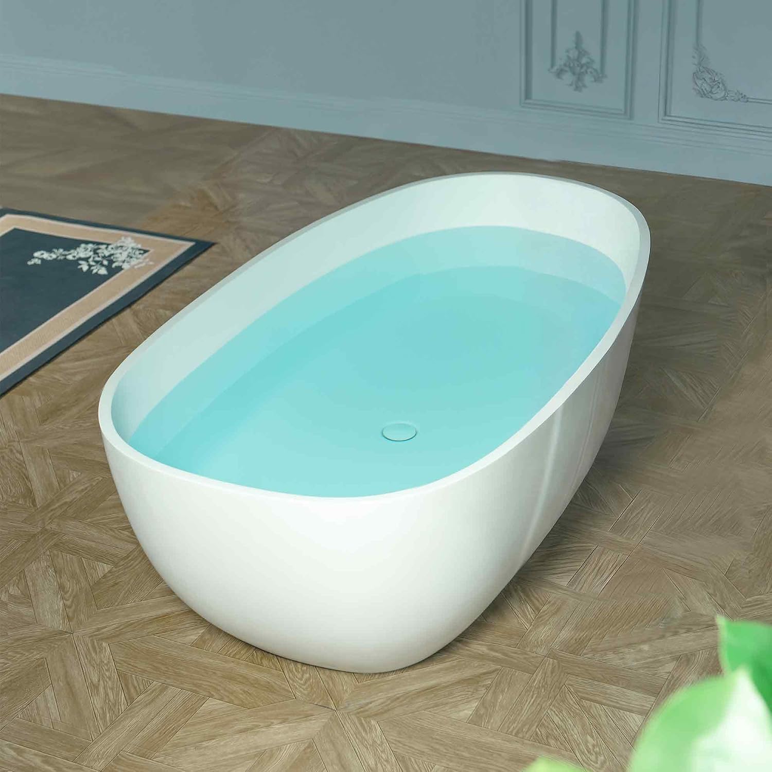 WOODBRIDGE 59' Egg-Shaped Solid Surface Freestanding Soaking Tub, Modern Oval Stone Resin Bathtub with Integrated Slotted Overflow & Drain, Matte White, EST0701