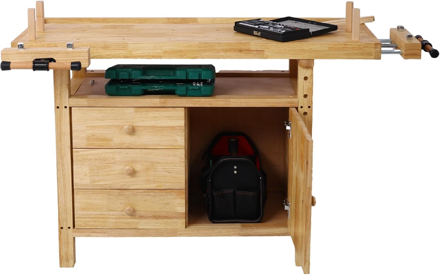 Gecheer Wooden Workbench for Garage and Workshop – Rubberwood Table with 3 Drawers, 1 Cabinet, Bar Clamps Set (2x12 + 2x24), 55'x24.4'x33.1'