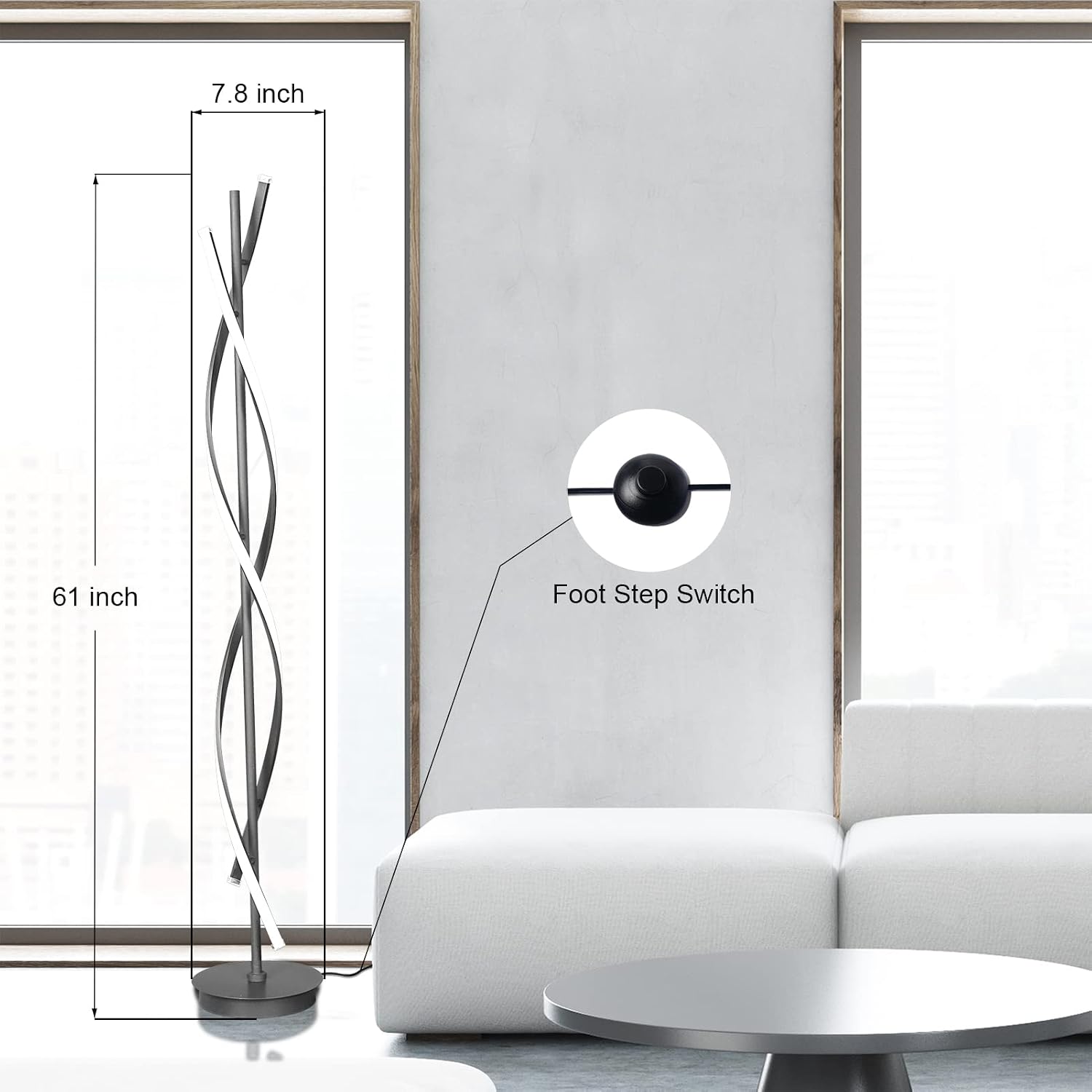 61inch Height; 60W DNA Spiral LED Floor Lights;Art Interior Decoration Home Nordic Floor Lamp Standing Lamp for Living Room Lighting ; 3Color Remote Control Dimming(Black)
