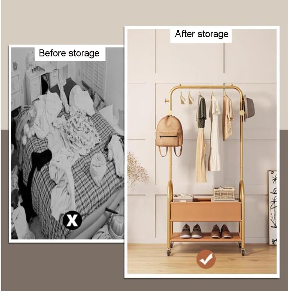 Rolling Clothes Rack with Storage Basket - 2-in-1 Garment Rack, Heavy-Duty Metal Clothing Rack on Wheels, with 2-Tier Shelves for Bedroom, Closet, Laundry(60x35x175cm)