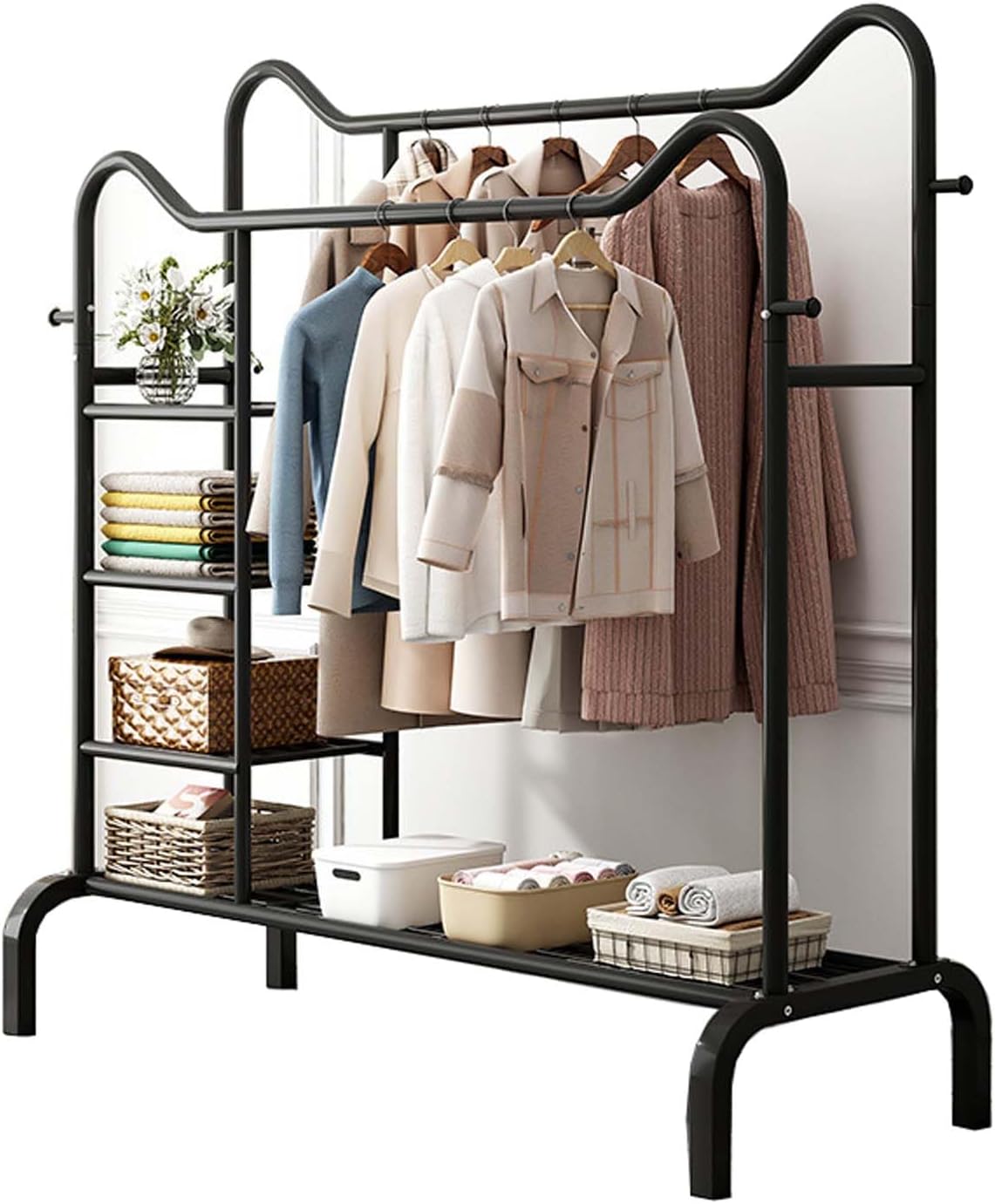 YSUEFIJO Heavy Duty Clothes Rack for Hanging Clothes, Double Rod Clothing Garment Rack, Portable Clothing Rack Metal, Free Standing Wardrobe Rack, Multi-Functional Bedroom Clothes Rack