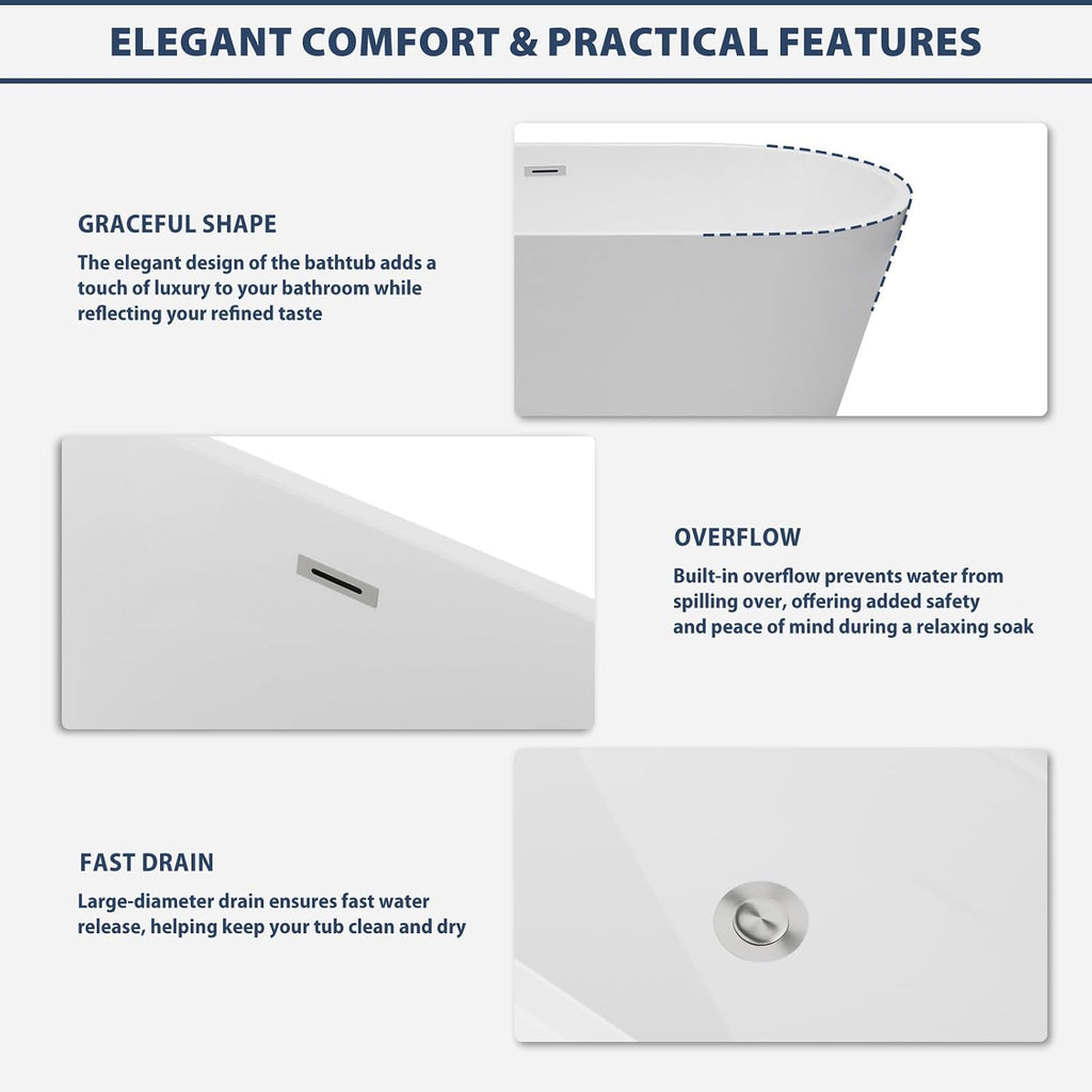 Lordear Freestanding Tub Soaking 59 Inch High Back Acrylic Stand Alone Bath Tub for Bathroom with Overflow and Drain #LTUB7109-59-C