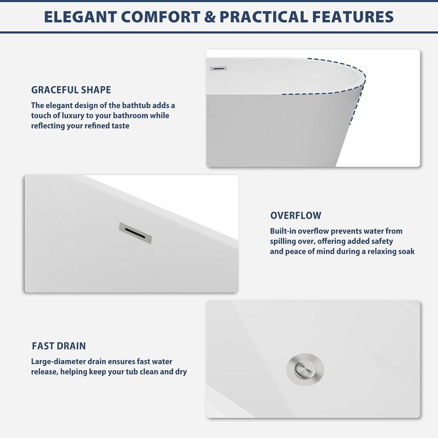 Lordear Freestanding Tub Soaking 59 Inch High Back Acrylic Stand Alone Bath Tub for Bathroom with Overflow and Drain #LTUB7109-59-C