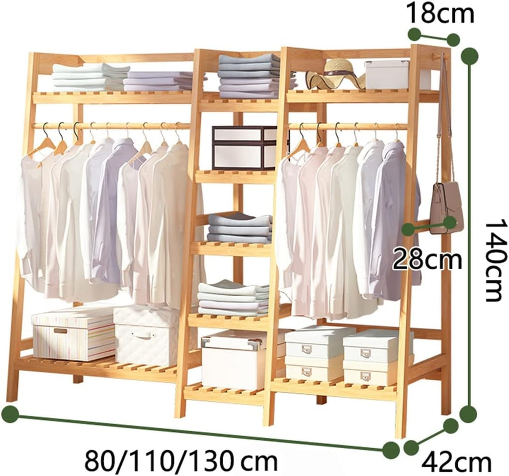 Garment Rack Wooden Clothing Garment Rack with Shelves Heavy Duty Clothes Hanging Rails Wood Clothes Hanger Rack Open Wardrobe Closet Coat Stands Multifunctional,130x42x140cm