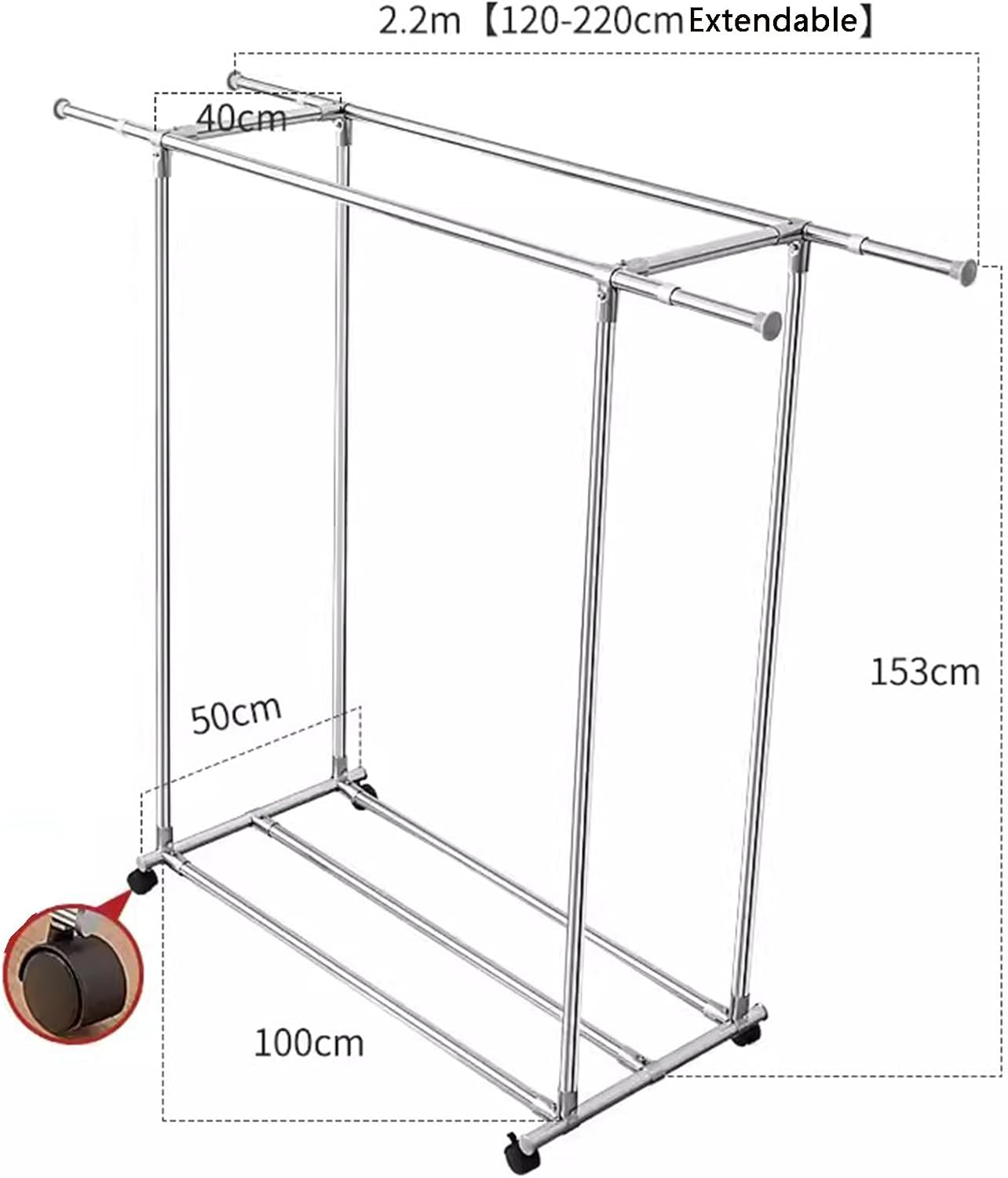 Heavy Duty Coat Rack, Garment Rack Double Rod Clothing Rack On Wheels, Extendable Hanging Rod, Heavy Duty Clothes Rail with Shelves, Portable Closet Organizer for Bedroom