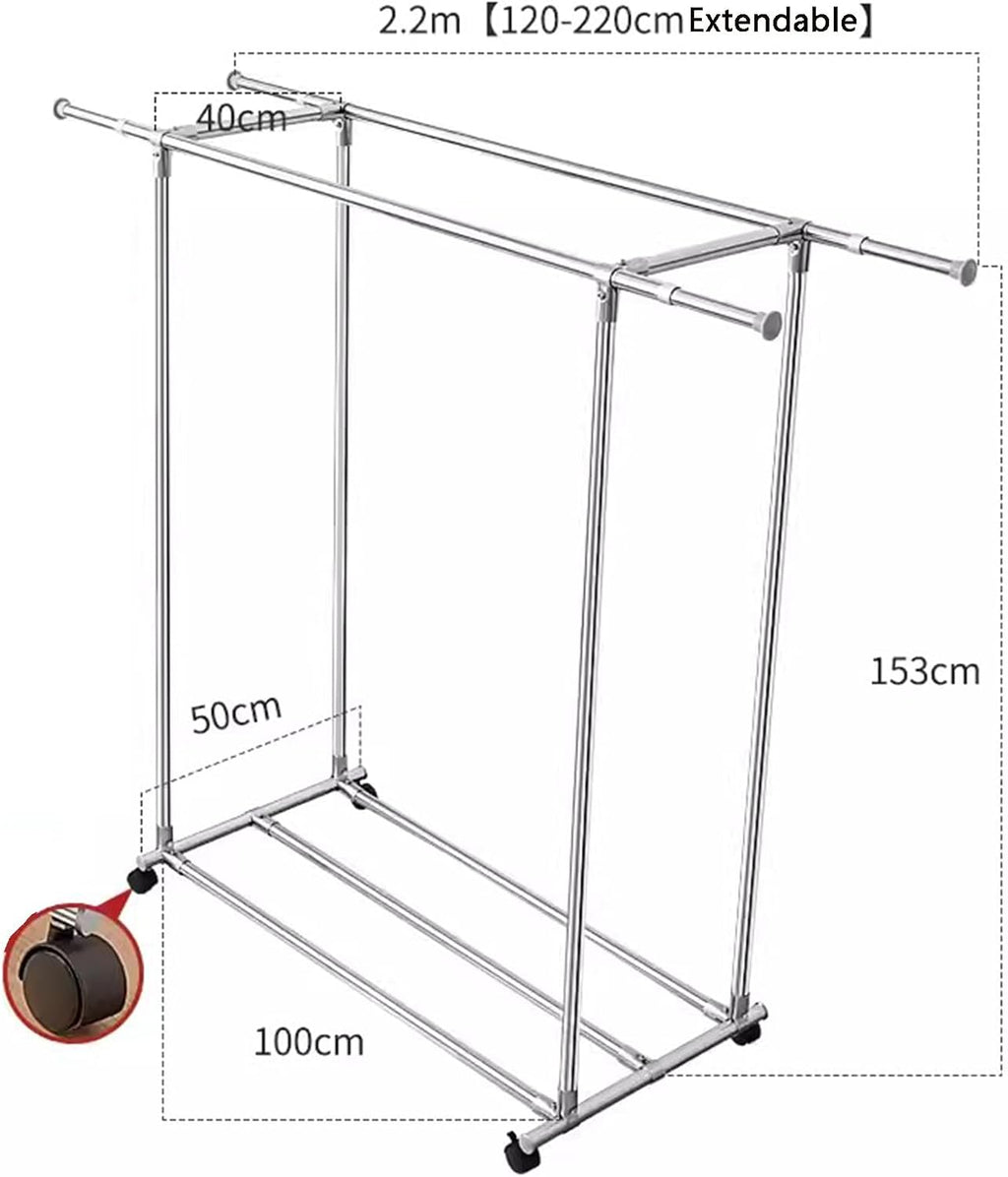 Heavy duty Garment rack Double Rod Clothing Rack On Wheels, Extendable Hanging Rod, Heavy Duty Clothes Rail With Shelves, Portable Closet Organizer For Bedroom, Stainless Steel Clothes Drying Rack