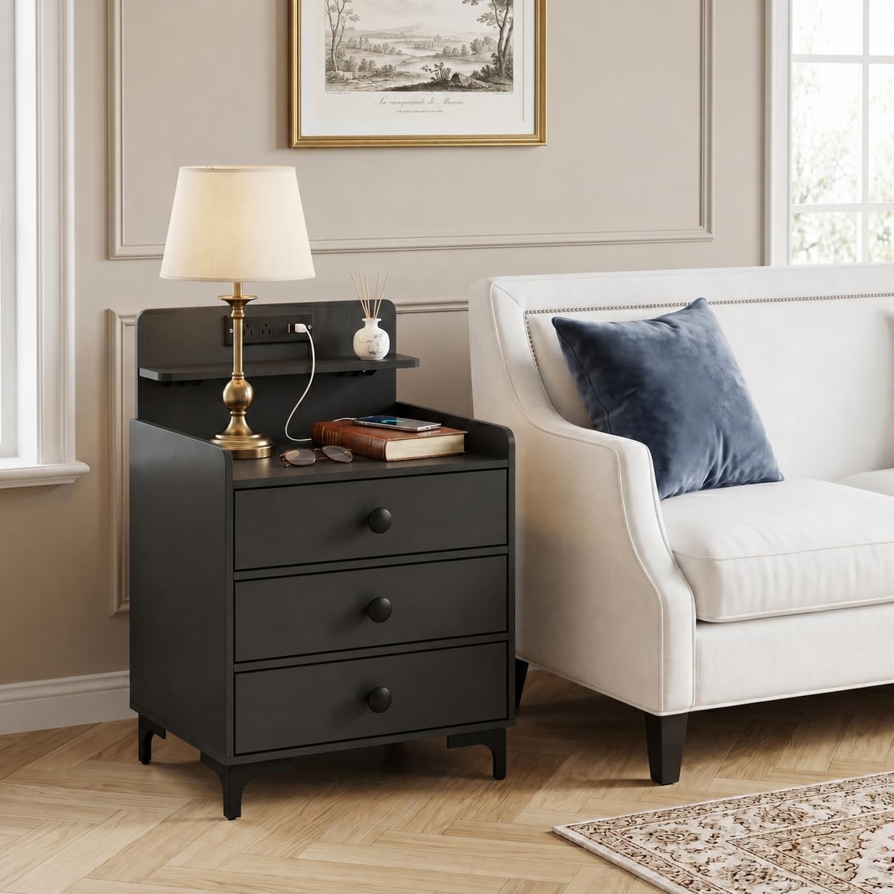 Rreyet 29' Nightstand Set of 2, 3 Drawers, Black | Charging Station, Button Handle, Smooth Sliding, Enhanced Storage, For Bedroom, Sofa Side