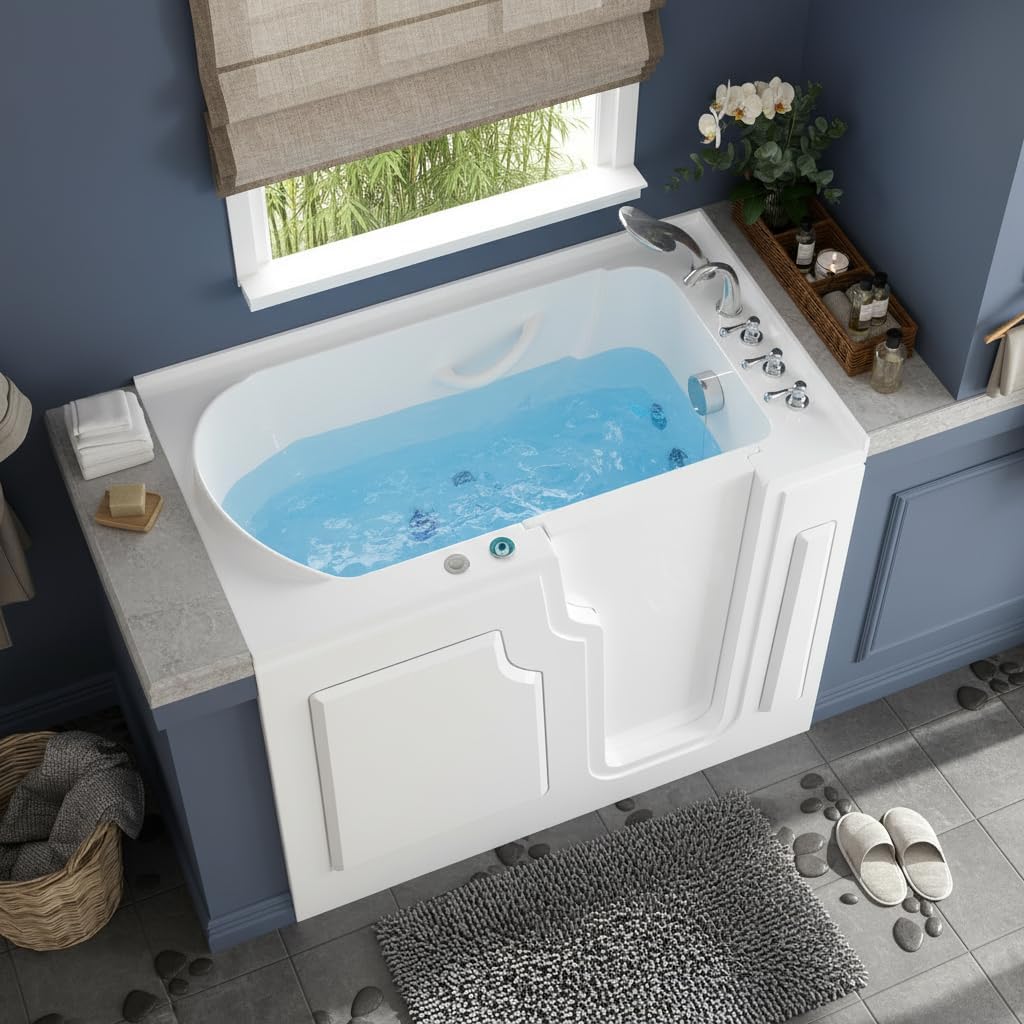 FerdY 55' x 33' Walk-in Whirlpool Bathtub with Right-Side Door Opening, 16 Air & Water Jets, Quick Fill and Drain System, Shower Combo with Rectangular Soaking Bathtub in White, Floridian