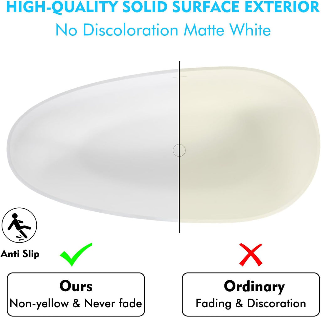 67' Stone Resin Freestanding Bathtub, Egg Shaped Bathroom Freestanding Tubs, Stand Alone Soaking Tubs with Integrated Slotted Overflow and Drain, Matte White