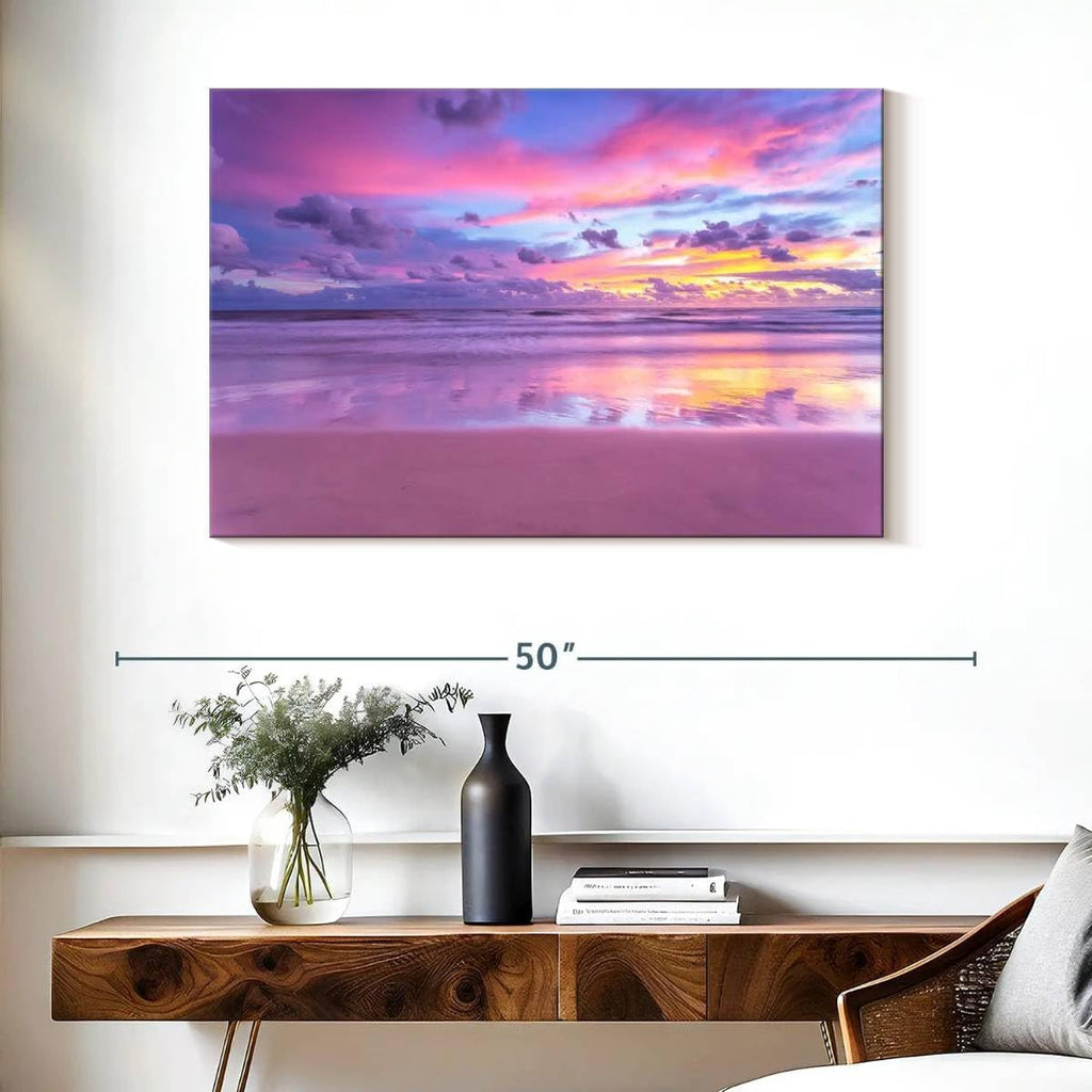 ElephantStock Cotton Candy Beach Sunrise Wall Art - Horizontal Wrapped Canvas - 1-Piece Living Room Wall Decor - Photography Beach Canvas Print - Purple and Pink Decor for Wall - 39' X 26'