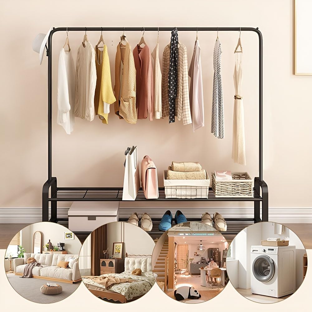 Doubl Rods Garment Rack Heavy Duty Clothes Rail Organizer with Wheels, 4 Hooks and 2 Bottom Shelf for Shoe and Clothes Storage