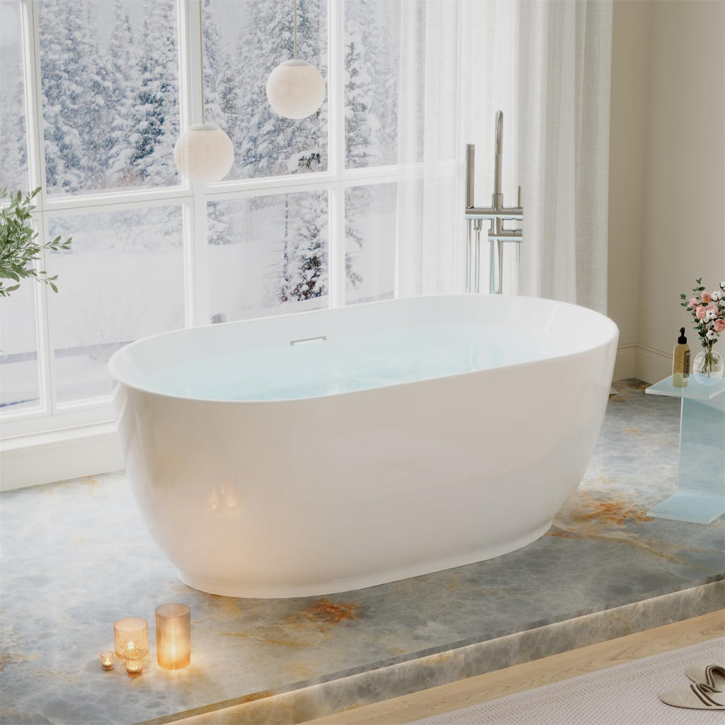 WELLFOR 59 Inch Acylic Freestanding Bathtub, 68 Gallons Capacity Soacking Bathtub with Chrome Bathtub Drain and Groove Overflow, Freestanding Soaking Tub for 1 Person, Glossy White