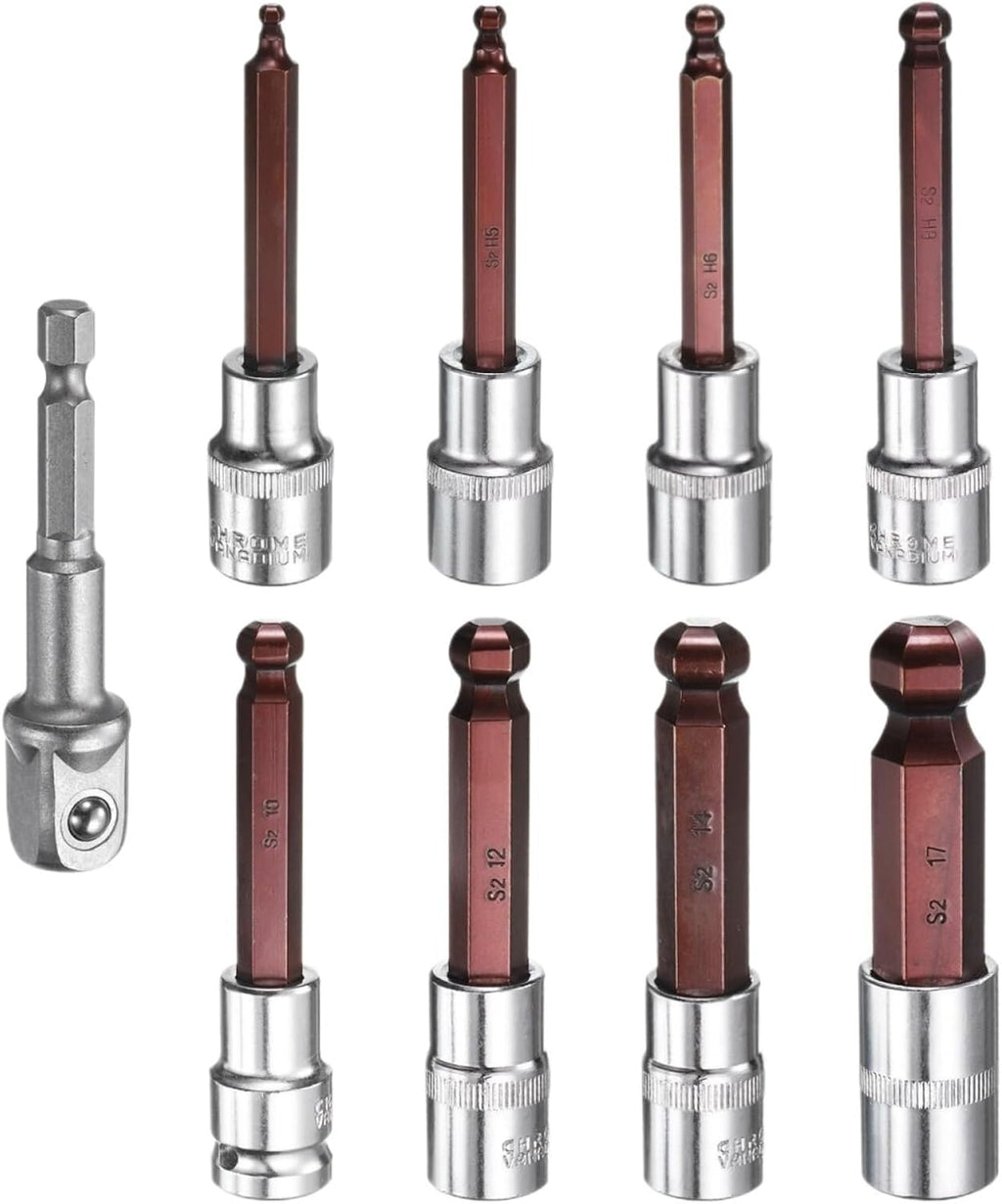 9Pcs Ball End Hex Bit Socket 1/2' Square Drive Metric Extension Impact Bit Power Nut Driver Set 4/5/6/8/10/12/14/17mm