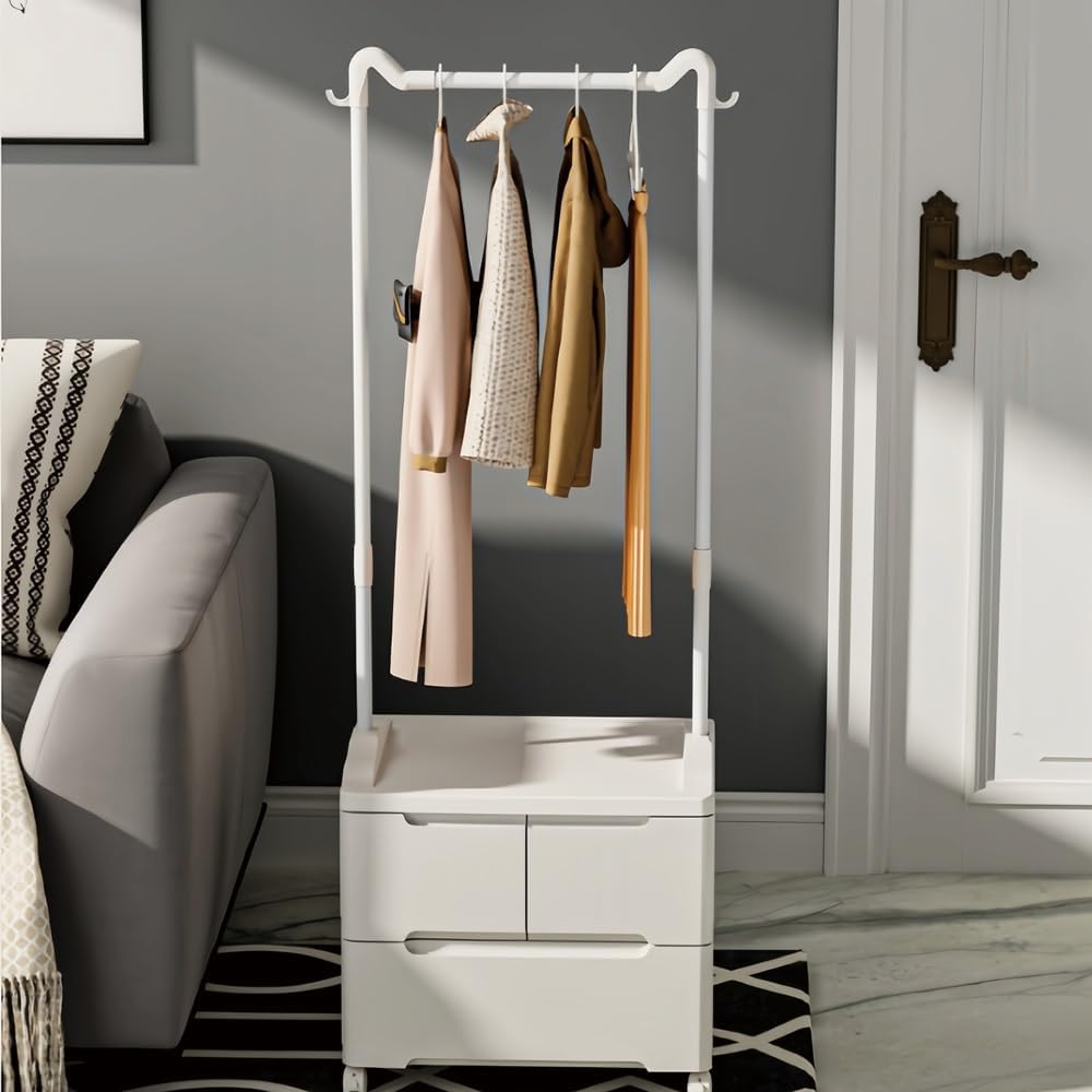 Freestanding Clothes Rack with Storage Drawers, Bedroom Wardrobe Organizer with Rolling Wheels, Small Space Garment Rack Cabinet for Entryway or Dorm(18.1 * 15.1 * 61.4in)