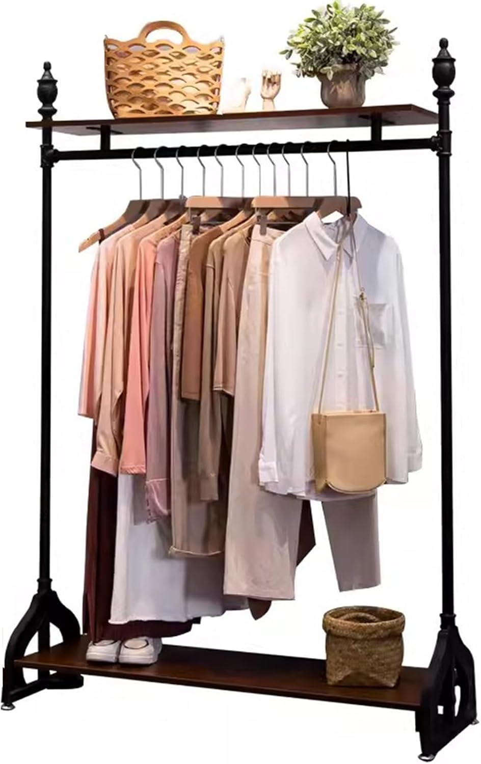 Garment Rack Heavy Duty Clothing Rack with 2 Tier Wooden Shelves, Black Metal Clothes Rack for Bedroom and Clothing Store, Adjustable Height Hanging Rod, Easy to Assemble Coat Rack