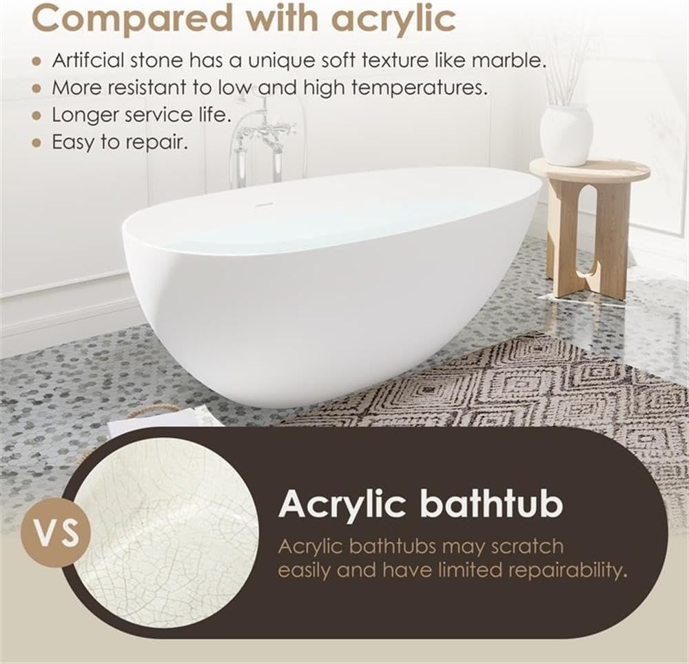 Giotto 67' Solid Surface Freestanding Oval Soaking Bathtub in Matte White