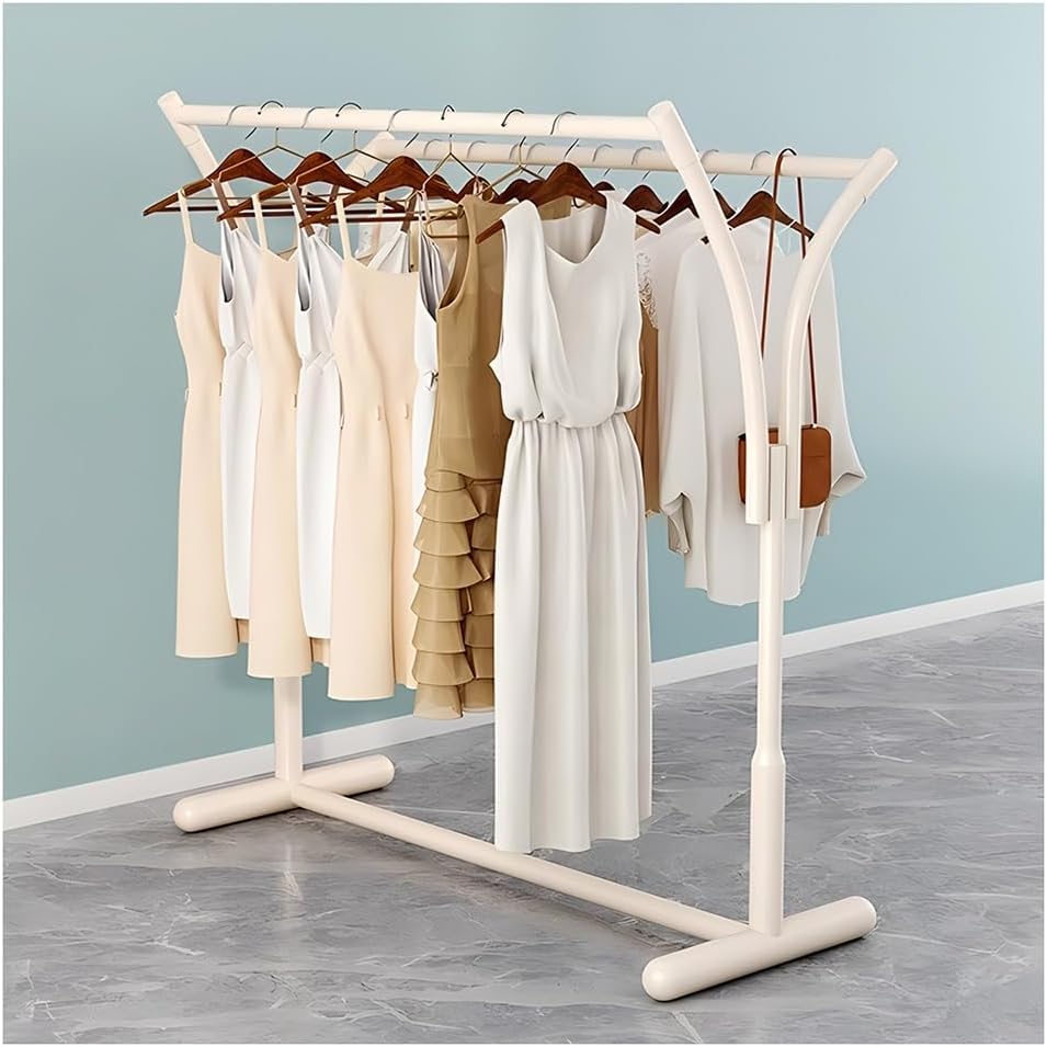 Floor Standing Retail Metal Clothing Rack, Heavy Duty Double-Rod Movable Clothing Shelf, Multifunctional Standing Rolling Garment Rack, for Shopping Mall Clothing Store (White a)