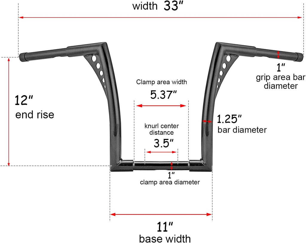 WSays 12' Rise Handlebar Ape Bar 1-1/4' Diameter Bar Compatible with Harley Sportster XL 1200 883 Softail Dyna Touring Road King 1994-2022 and Road Glide 1998-2013 Models, Black