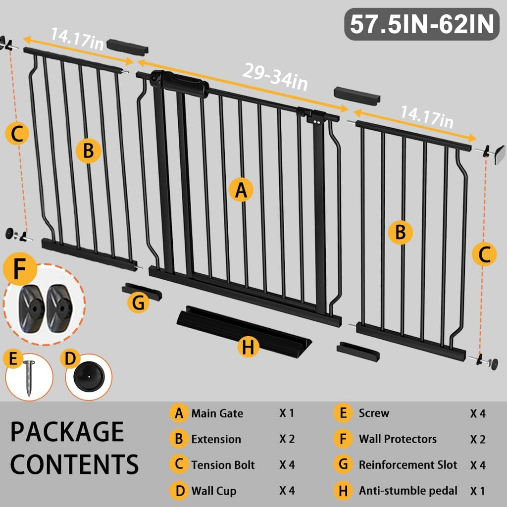 Fairy Baby Extra Wide Baby Gate Black 57.5-62 Inch Wide, Walk Through Pressure Mounted No Drill for Doorways, Long and Large Tension Dog Gates for Pet and Kids
