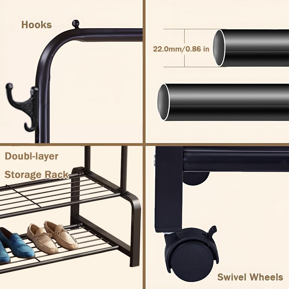 Doubl Rods Garment Rack Heavy Duty Clothes Rail Organizer with Wheels, 4 Hooks and 2 Bottom Shelf for Shoe and Clothes Storage