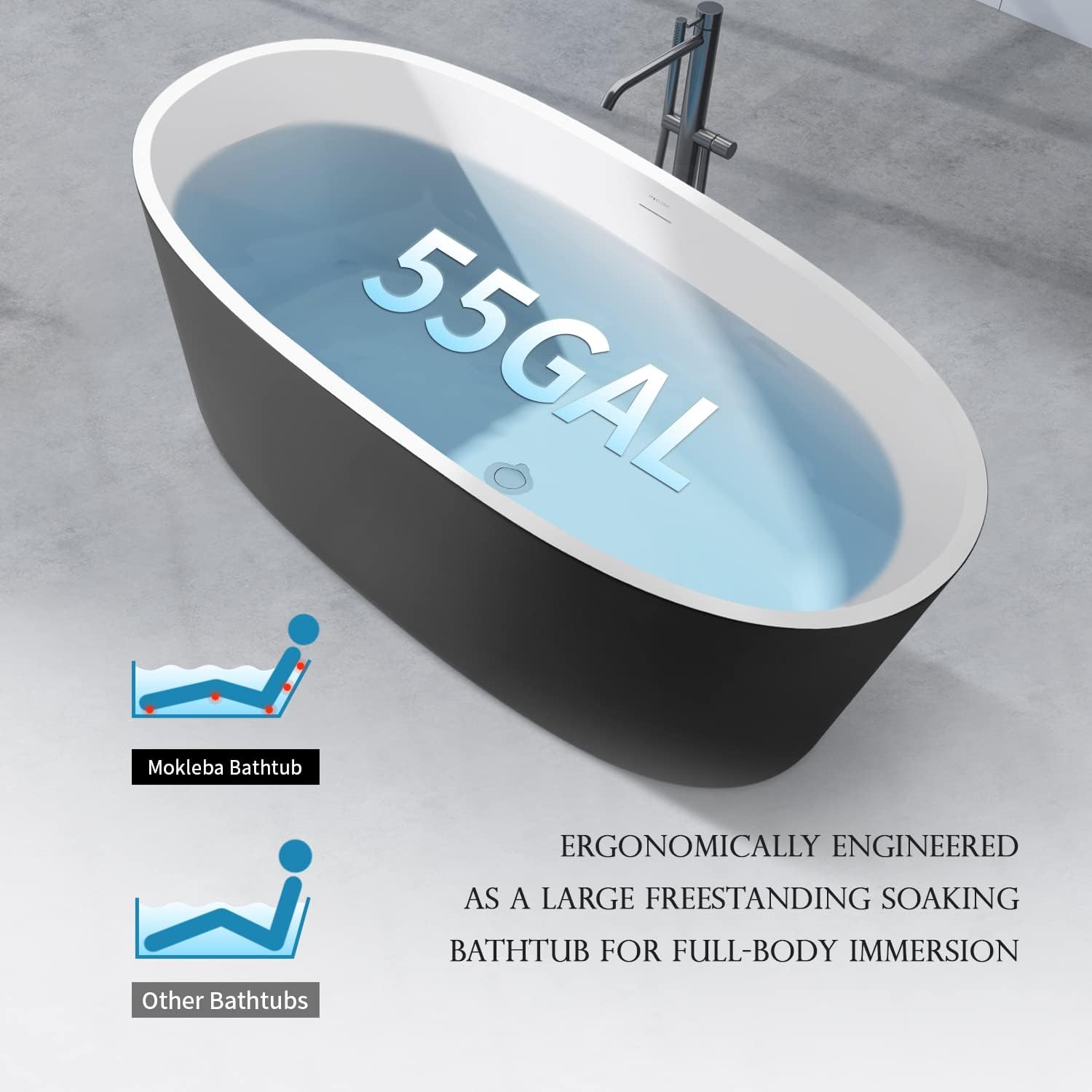 59' Lucite Acrylic Freestanding Bathtub, Columnar Shape Contemporary Soaking Tub with Toe-tap Chrome Center Drain, Slotted Overflow, cUPC Certified, 37°Grey