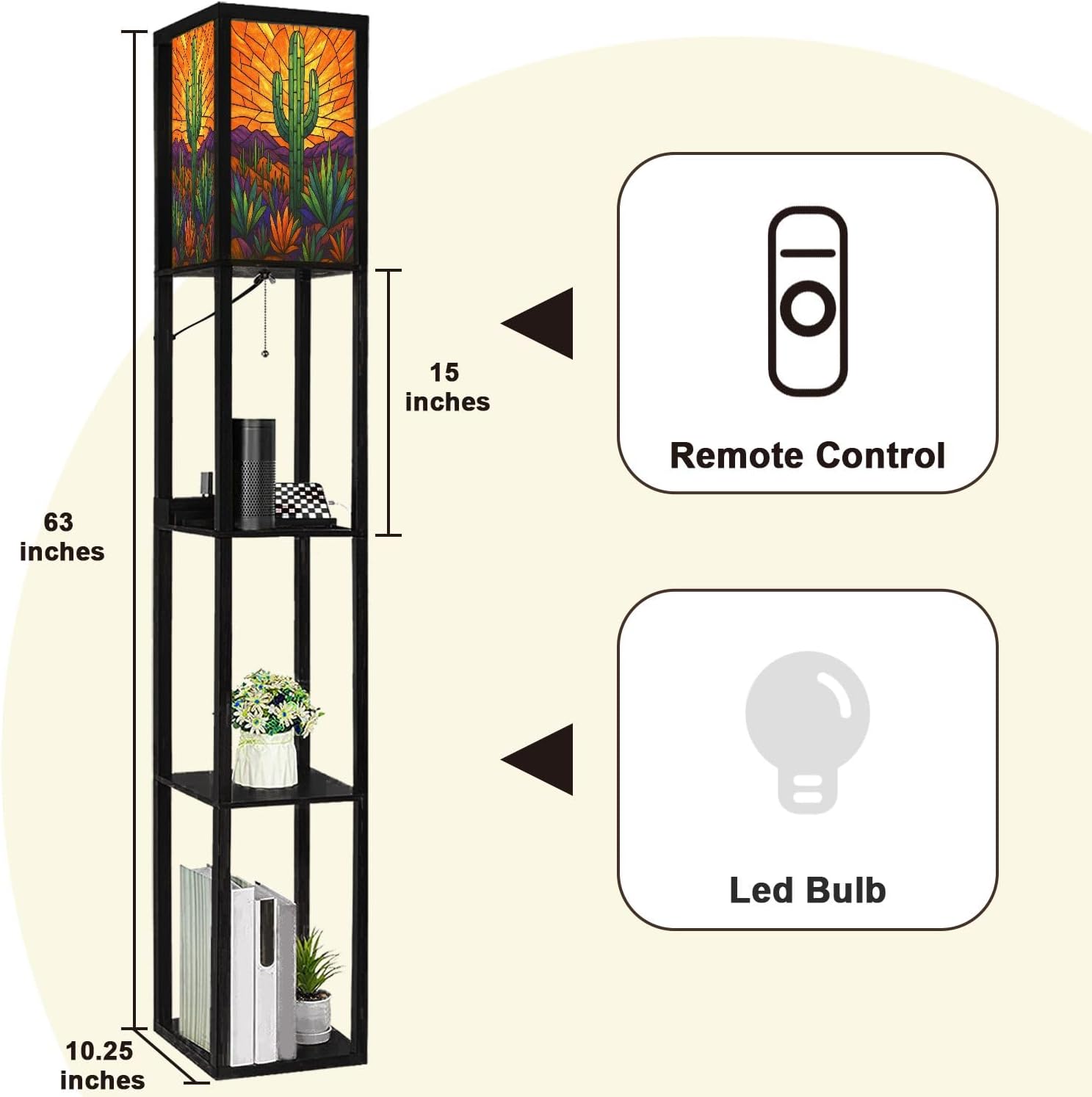 Floor Lamp with Shelves Geometric Western Cactus Stained Glass Design Standing Tall Lamp USB Ports & Power Outlet Modern Corner Lamp Nightstand Light for Living Room Bedroom