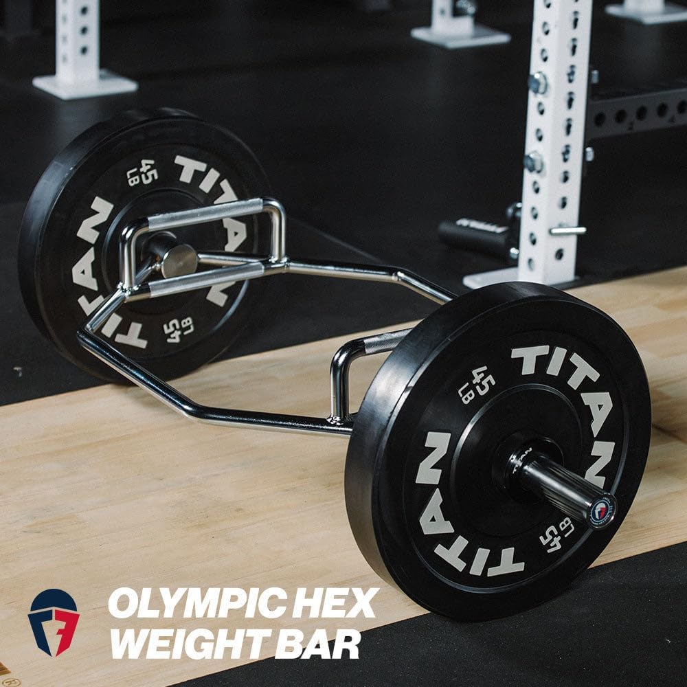 Titan Fitness Hex Trap Bar, Olympic Weightlifting Barbell, Rated 500 LB, Knurled Grips, Reduces Wrist, Back & Shoulder Strain During Deadlifts, Shrugs, Pulls, Bent Over Rows, Squat Jumps