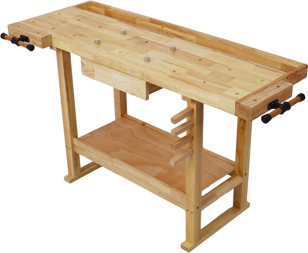 Gecheer 55-Inch Wooden Workbench for Garage, Workshop, or Home – Rubberwood Table with Bar Clamps (2x12 + 2x24), Drawers, Shelves, and Adjustable Handles – Holds Up to 330 lbs