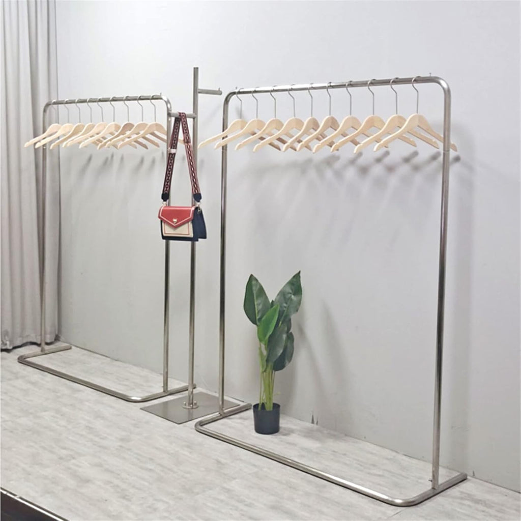 Garment Rack Silver Stainless Steel Clothes Rail Heavy Duty Metal Garment Rack Living Room Bedroom Floor-Standing Coat Rack Easy to Assemble Clothing Rack Retail Display Clothes Ra(Size:150X40X150CM)