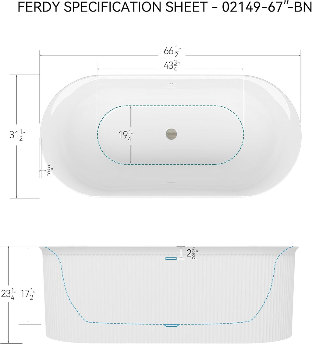FerdY Nami 67' Acrylic Freestanding Bathtub, V Shape Freestanding Soaking Acrylic Bathtub, Modern White, Brushed Nickel& Bath Pillow for Bathtub,Thick Tub Pillows, Breathable 4D Air Mesh