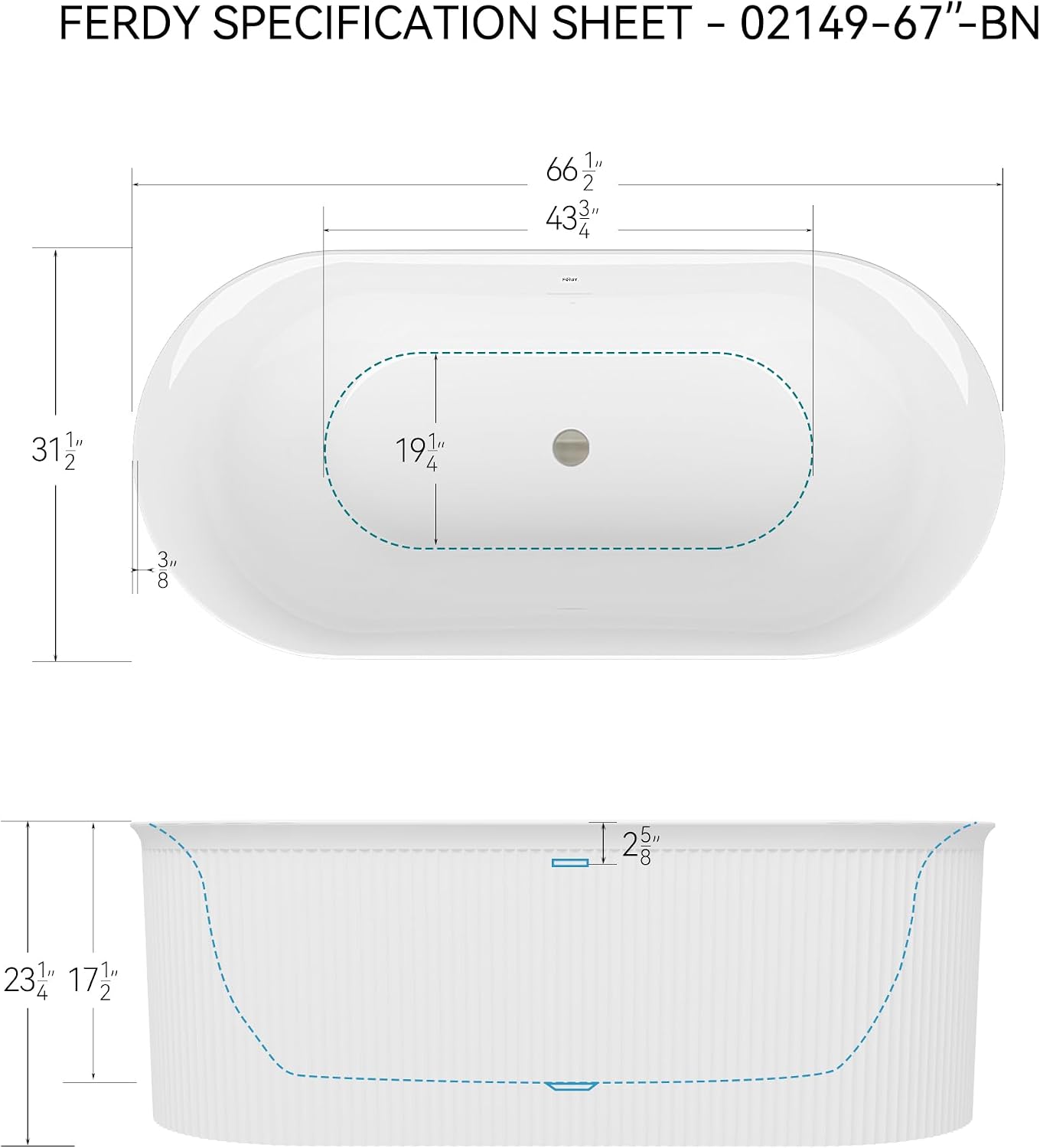 FerdY Nami 67' Acrylic Freestanding Bathtub, V Shape Freestanding Soaking Acrylic Bathtub, Modern White, Brushed Nickel& Bath Pillow for Bathtub,Thick Tub Pillows, Breathable 4D Air Mesh