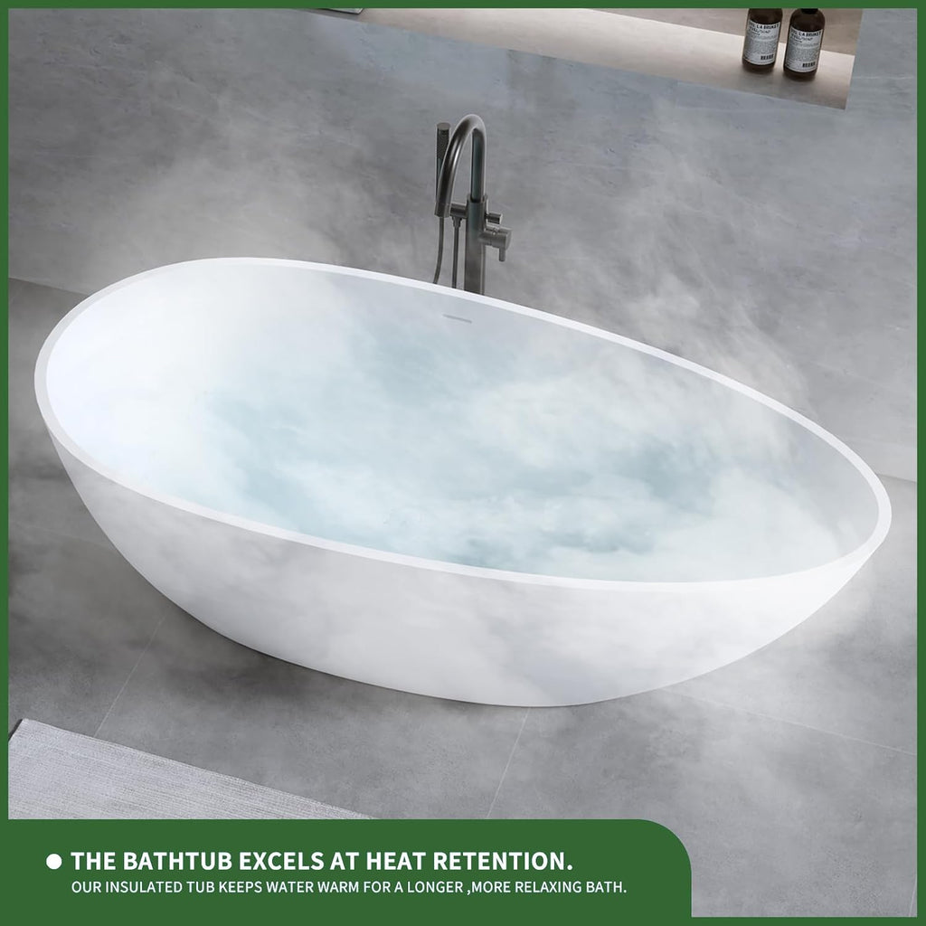 59' Bathtub Acrylic Solid Surface Soaking Tub Freestanding Resin Stone Matte White Stand Alone Tub with Overflow and Pop-Up Drain for Indoor Bathing