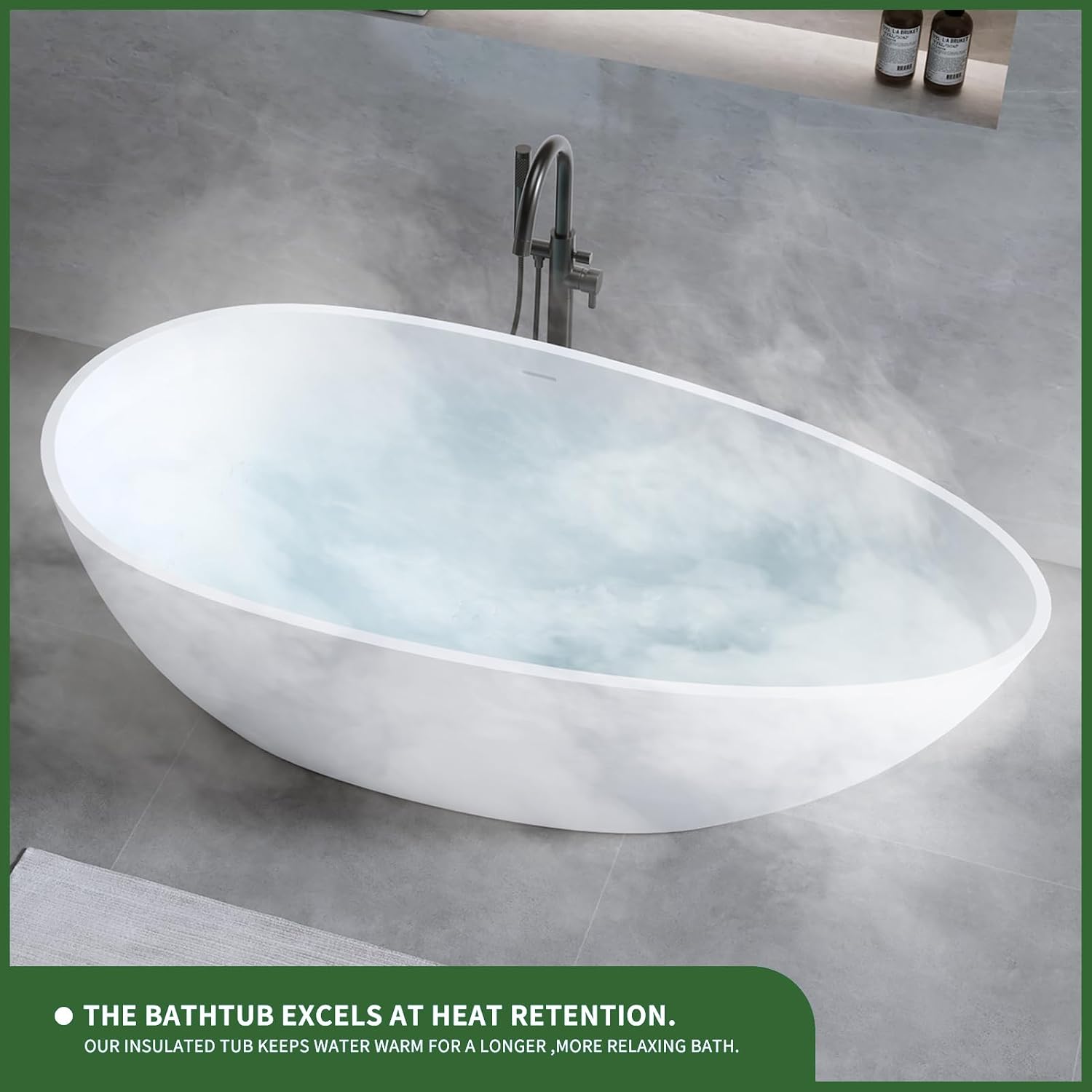 59' Bathtub Acrylic Solid Surface Soaking Tub Freestanding Resin Stone Matte White Stand Alone Tub with Overflow and Pop-Up Drain for Indoor Bathing