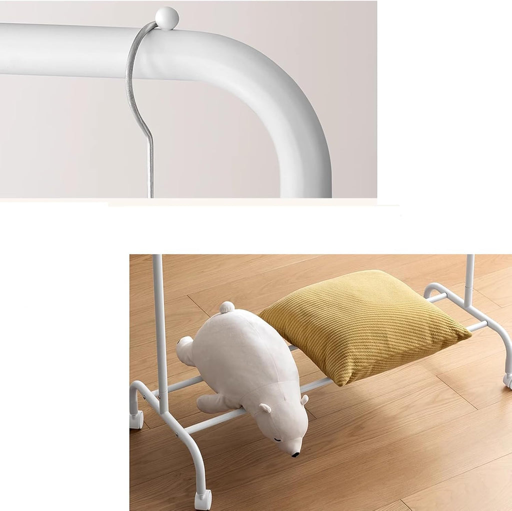 Garment Rack Heavy Duty Clothing Rack with Wheels, White Metal Clothes Rack with Hanging Rod and 4 Hooks, Retail Display Rack for Hanging Clothes, Portable Clothes Organizer for Bedroom