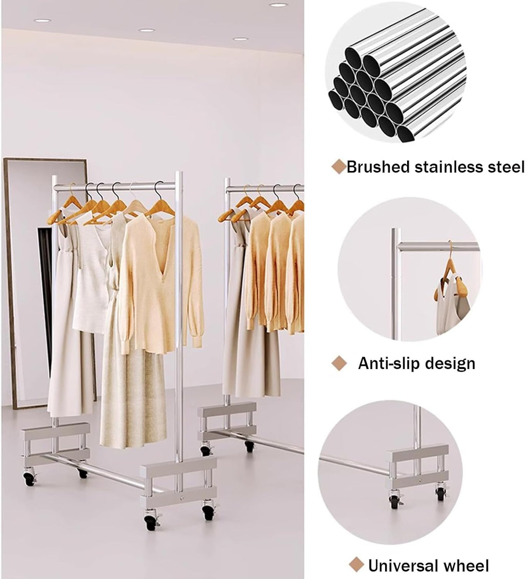 Garment Rack Heavy-Duty Clothes Rack With Wheels, Silver Stainless Steel Clothing Rack For Hanging Clothes, Commercial Clothes Rail For Retail Display, Single Rod Coat Rack For Bedr(Size:80X40X160CM)
