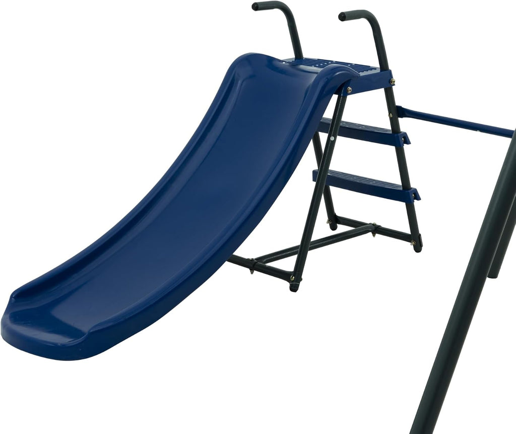 6‑Function Outdoor Swing Set with Net Saucer, Mini Slide, Face‑to‑Face Swings, Basketball Hoop & Soccer Net, Heavy‑Duty Steel Playground Playset (440 lbs) in Grey & Blue for Boys and Girls Ages 3+