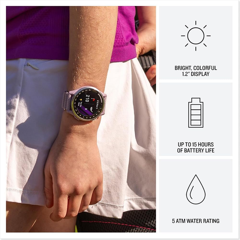 Garmin Approach J1 Silver Aluminum Bezel with Lilac ComfortFit Fabric Band 010-03898-10 Bundle with 26‑Month Protection Plan, 3X Deco Essentials Silicone Dust Cover and 2X Screen Protector