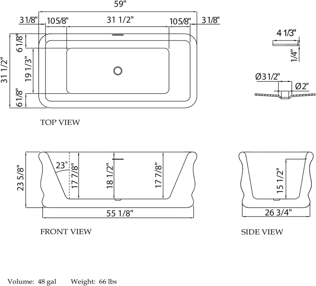 Crest 59 in. L x 31-1/2 in. W x 23-5/8 in. H Freestanding Acrylic Bathtub, White Drain