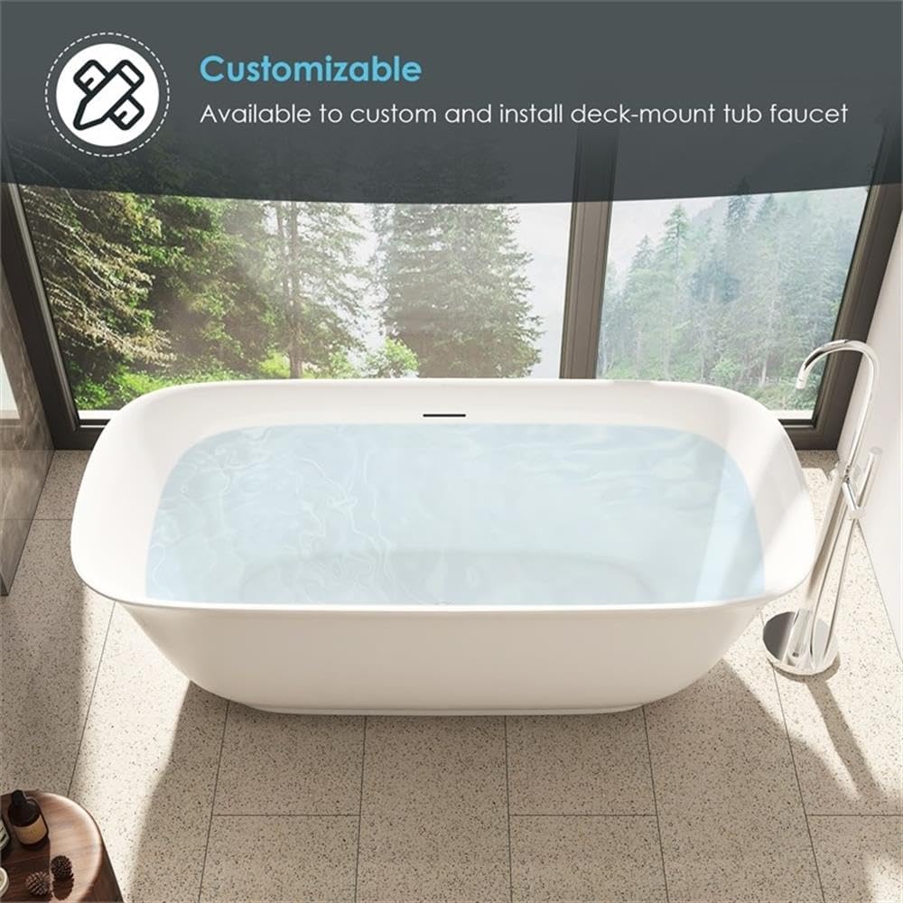 Pemberly Row 67' x 32' Flatbottom Freestanding Acrylic Soaking Bathtub, Glossy White Finish, Thin Edge Design, 66-Gallon Capacity, Scratch-Resistant, Contemporary Bathroom Tub for Immersive Bathing