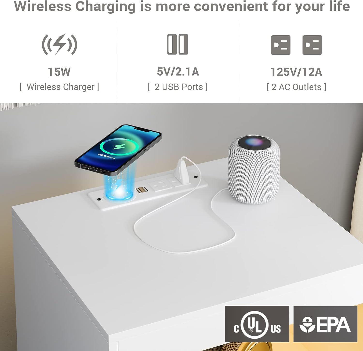 Tiptiper White Nightstand Set of 2, LED Nightstand with Wireless Charging Station, Night Stand with Drawers & Pull-Out Shelf, Modern Bedside Table with Storage, End Table Side Table
