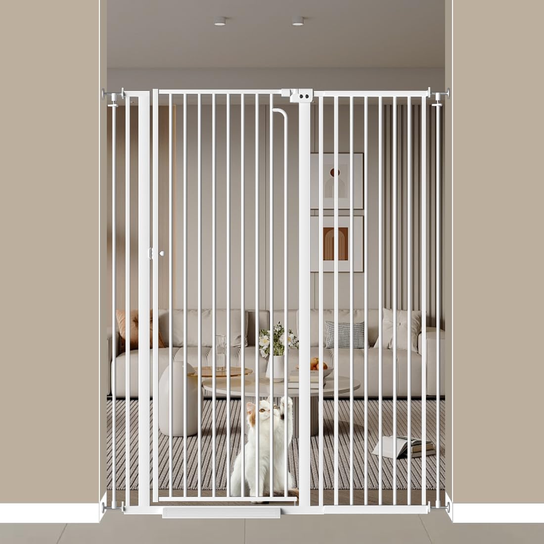 57' Extra Tall Cat Gate, 43.3'-48.0' Wide Pet Gate for Doorway, Pressure Mounted Tall Baby Gate with Door, Walk Through Dog Gate Indoor Stairs, Auto Close Cat Safety Gates, White