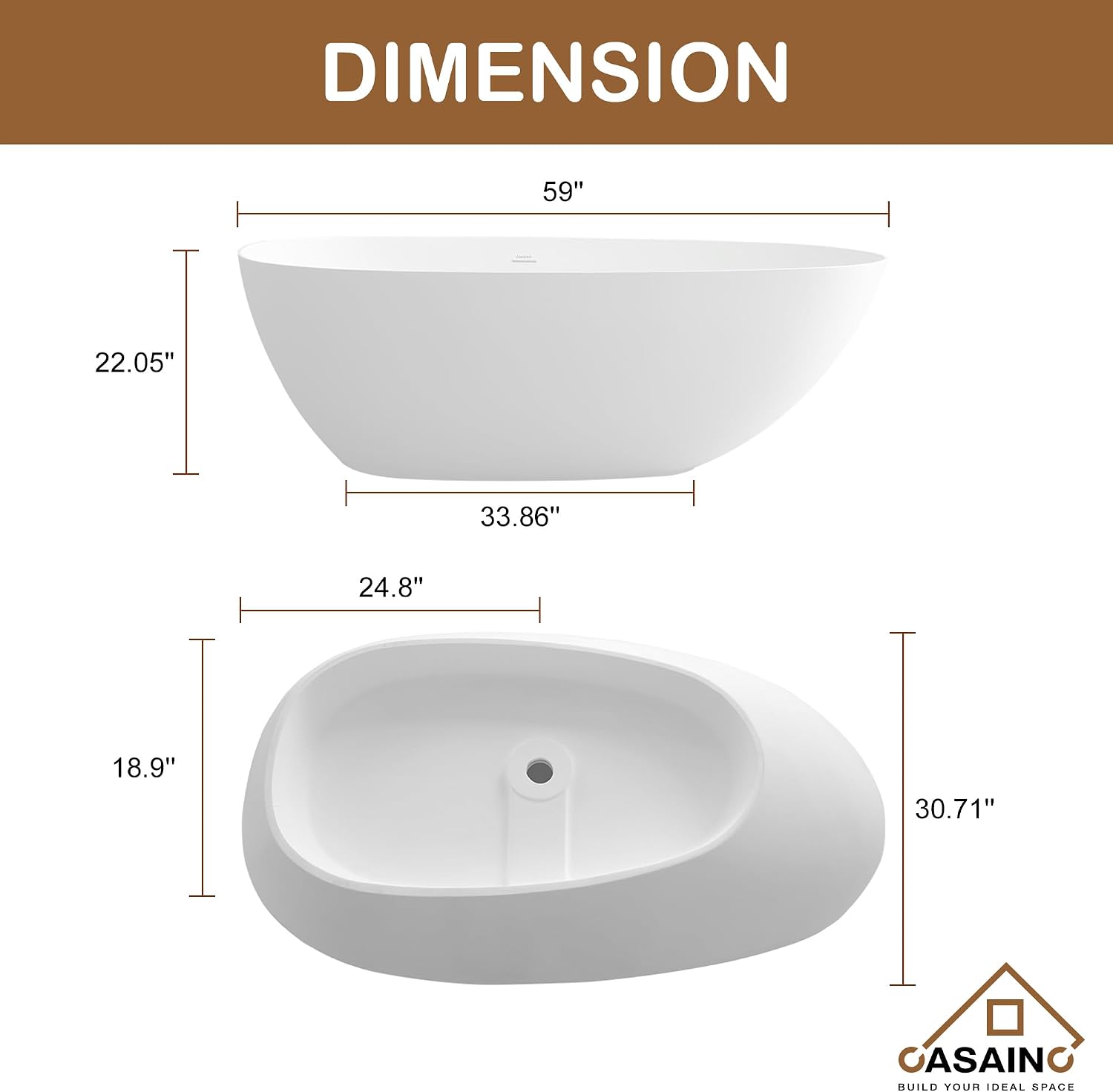 CASAINC 59'' Resin Stone Freestanding Bathtub, Solid Surface Matte White Free Standing Tub, Egg Shape Stand Alone Soaking Tubs with Drain, Drain Hose & Sanding Paper