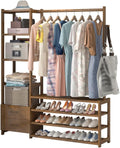 Bamboo Clothing Garment Rack w/3 Tier Shoe Rack & 2 Drawers Heavy Duty Clothes Rack Storage Shelves Multifunctional Wardrobe Closet Organizer for Entryway