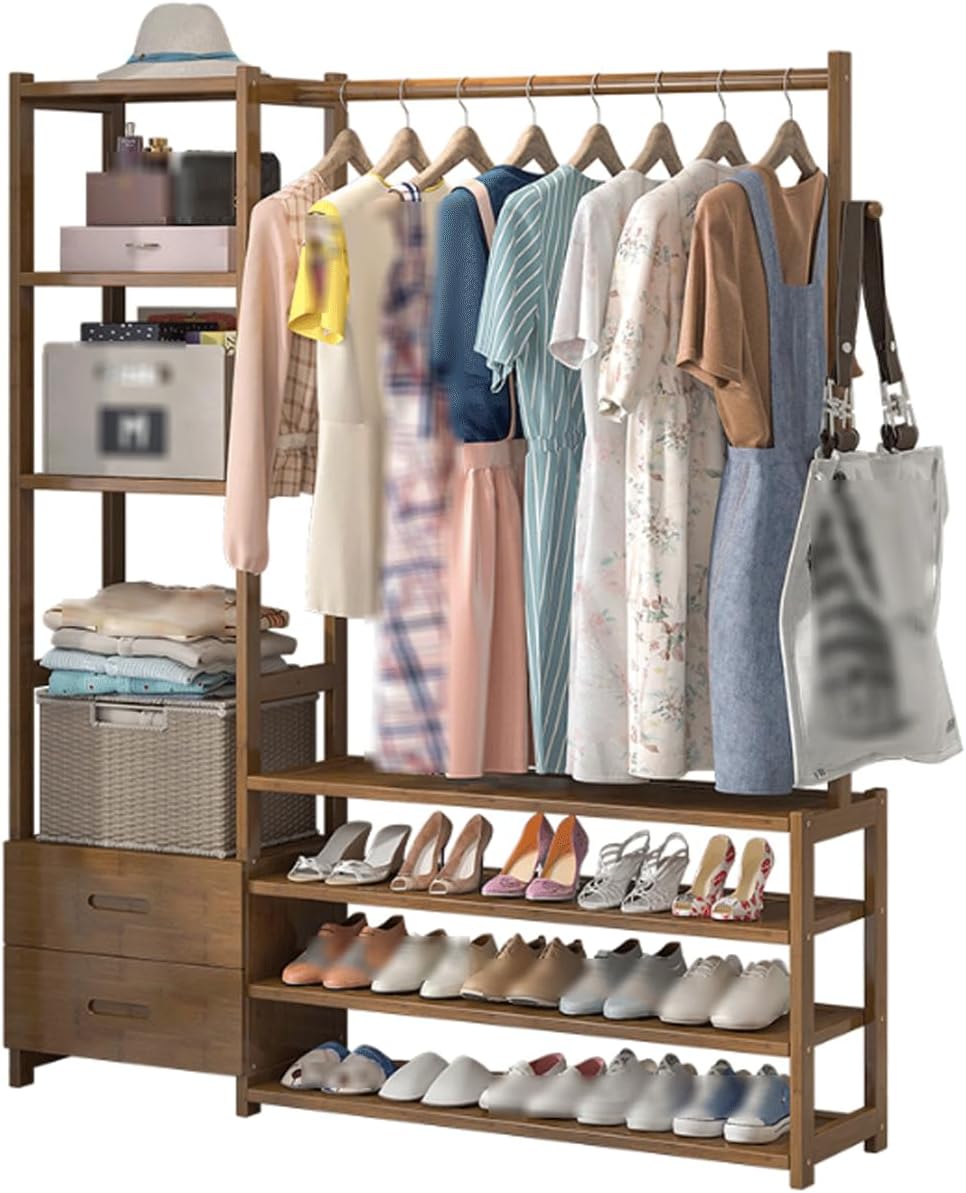 Bamboo Clothing Garment Rack w/3 Tier Shoe Rack & 2 Drawers Heavy Duty Clothes Rack Storage Shelves Multifunctional Wardrobe Closet Organizer for Entryway
