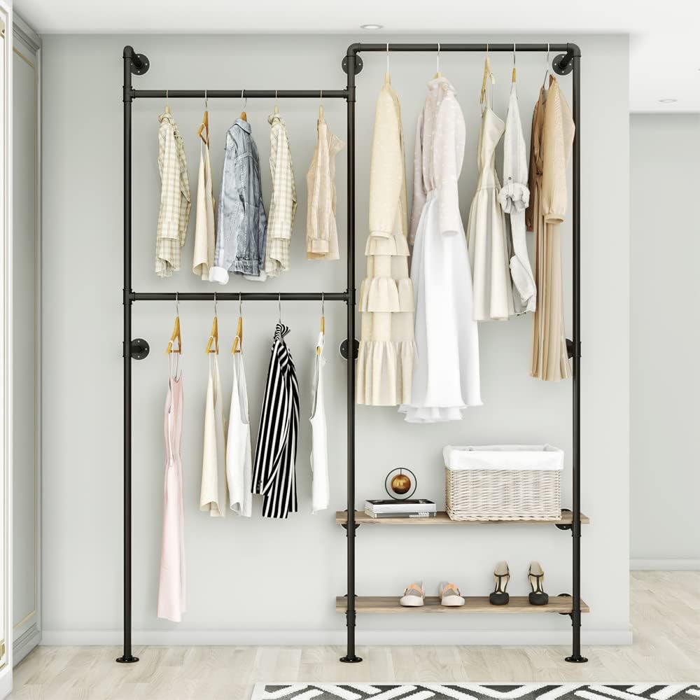 KaKaBB Industrial Pipe Wall-Mounted Clothing Rack with Double Hanging Rods & Shelves - Heavy Duty Storage for Wardrobe, Bedroom, Walk-In Closet (Black)