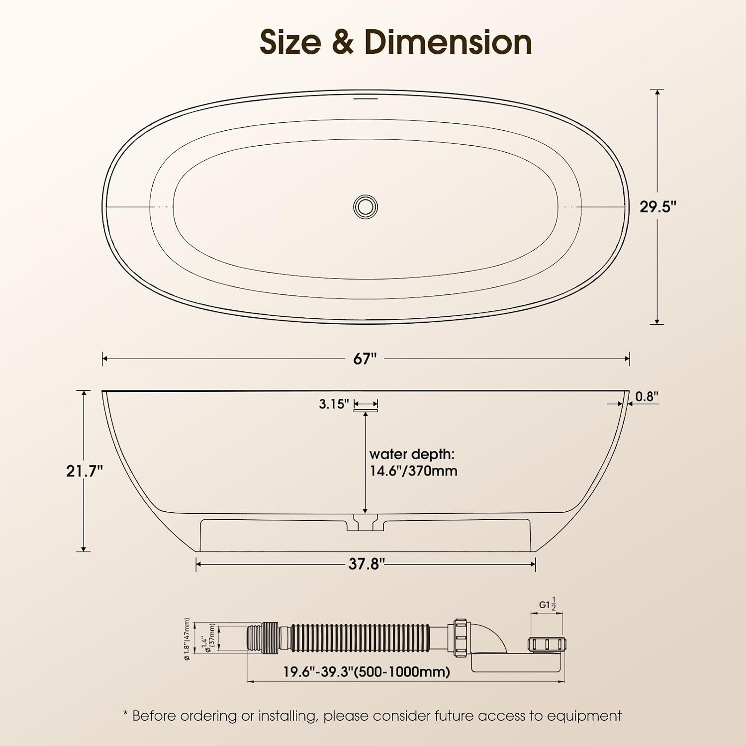 67' Stone Resin Freestanding Soaking Tub, Modern Oval Solid Surface Bathtub with with Overflow & Pop-up Drain, 14.6 Inch Soaking Depth Luxury Soaking Tub, Matte White