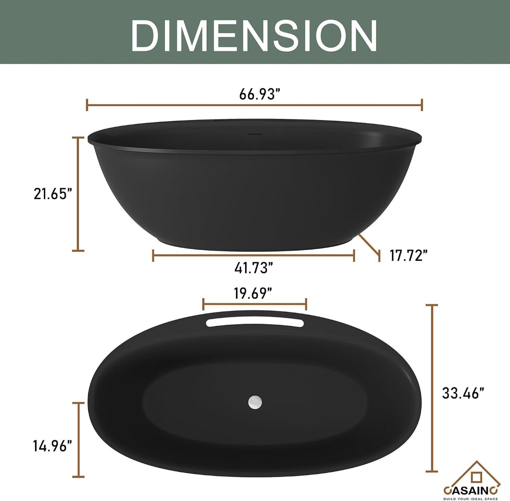 CASAINC 67' Large Space Free Standing Tub, Stone Resin Freestanding Bathtub Matte Black Solid Surface Soaking Tub with Drain, Drain Hose & Sanding Paper