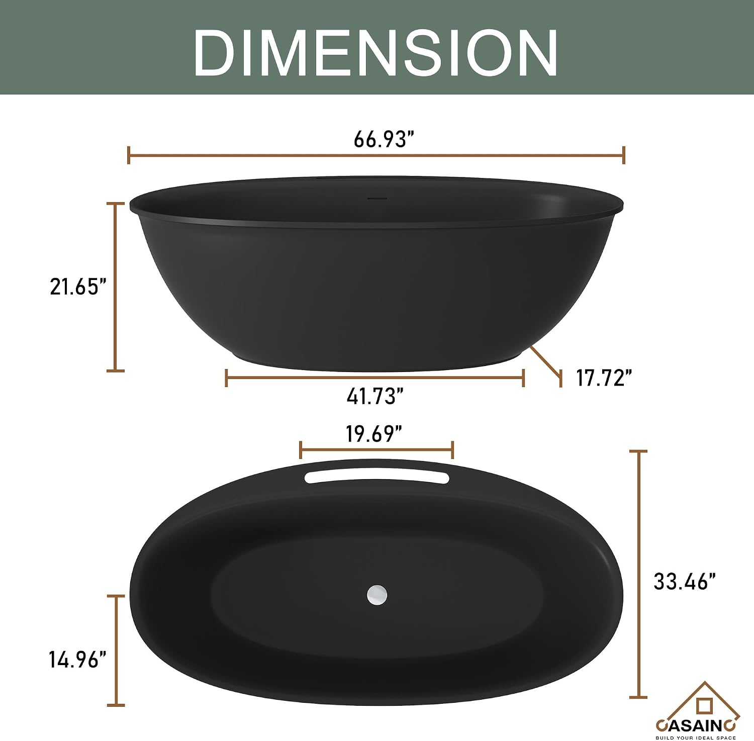 CASAINC 67' Large Space Free Standing Tub, Stone Resin Freestanding Bathtub Matte Black Solid Surface Soaking Tub with Drain, Drain Hose & Sanding Paper